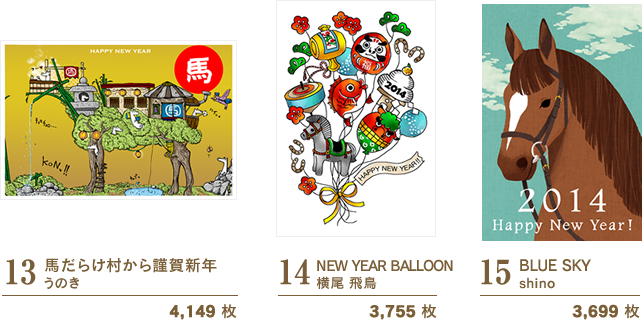 13:馬だらけ村から謹賀新年/うのき/4,149 枚　14:NEW YEAR BALLOON/横尾 飛鳥/3,755 枚　15:BLUE SKY/shino/3,699 枚